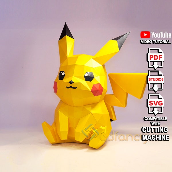 Low poly Pikachu Sit 3D Papercraft PDF, SVG Template For Creating 3D Pikachu, 3D Pokemon For Children's Room Decor, Diy gifts for kids
