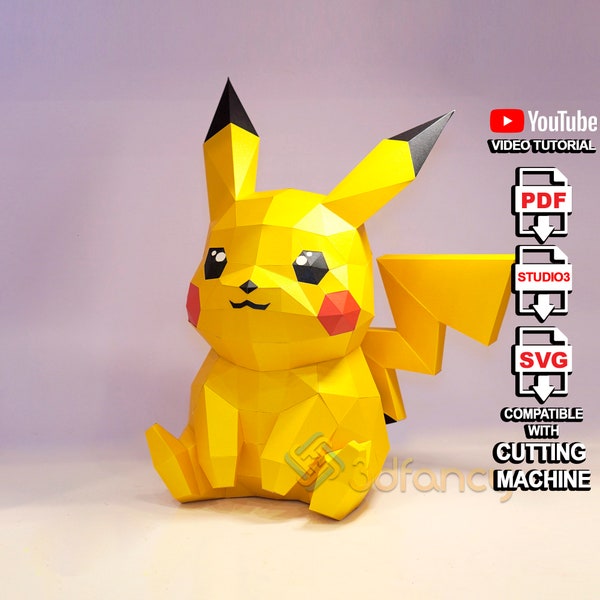 Low poly Pikachu Sit 3D Papercraft PDF, modello SVG per la creazione di Pikachu 3D, Pokemon 3D per l'arredamento della camera dei bambini, regali fai da te per bambini