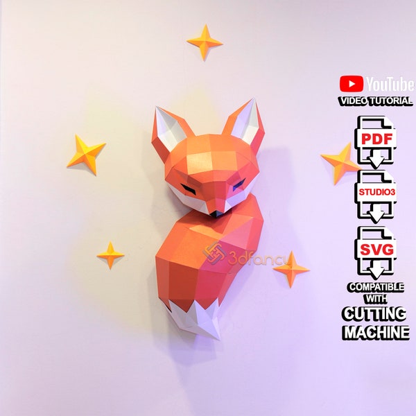 Papercraft Fox PDF, SVG Template creating 3D Fox from Paper for Lowpoly geometric wall art, above bed decor Diy craft kit Low poly model fox
