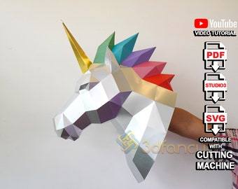 DIY Unicorn Head Papercraft PDF, Plantilla SVG para crear Trofeo de Unicornio, Modelo de baja poli rompecabezas 3d Patrón de pared de cabeza de animal Escultura de papel