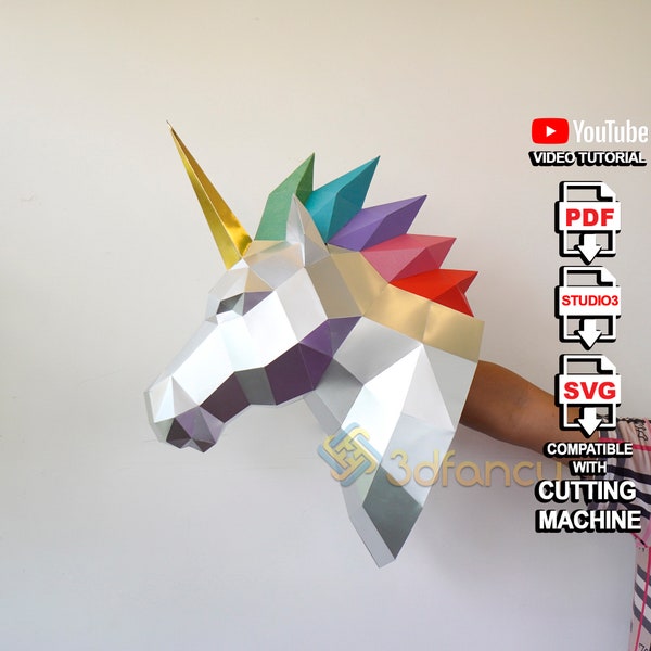 Tête de licorne bricolage Papercraft PDF, modèle SVG pour la création de trophée de licorne, puzzle 3d modèle Low poly Modèle de mur de tête d'animal Sculpture en papier