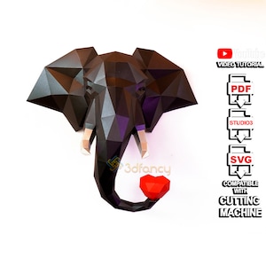 3D Elephant Papercraft 3D PDF for Printer, SVG for Cricut projects | Elephant Head Trophy Low Poly Sculpture Paper Model Elephant