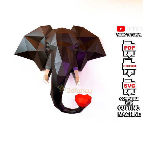 3D Elephant Papercraft PDF 3D pour imprimante, SVG pour projets Cricut | Trophée Tête d'Éléphant Low Poly Sculpture Papier Modèle Éléphant