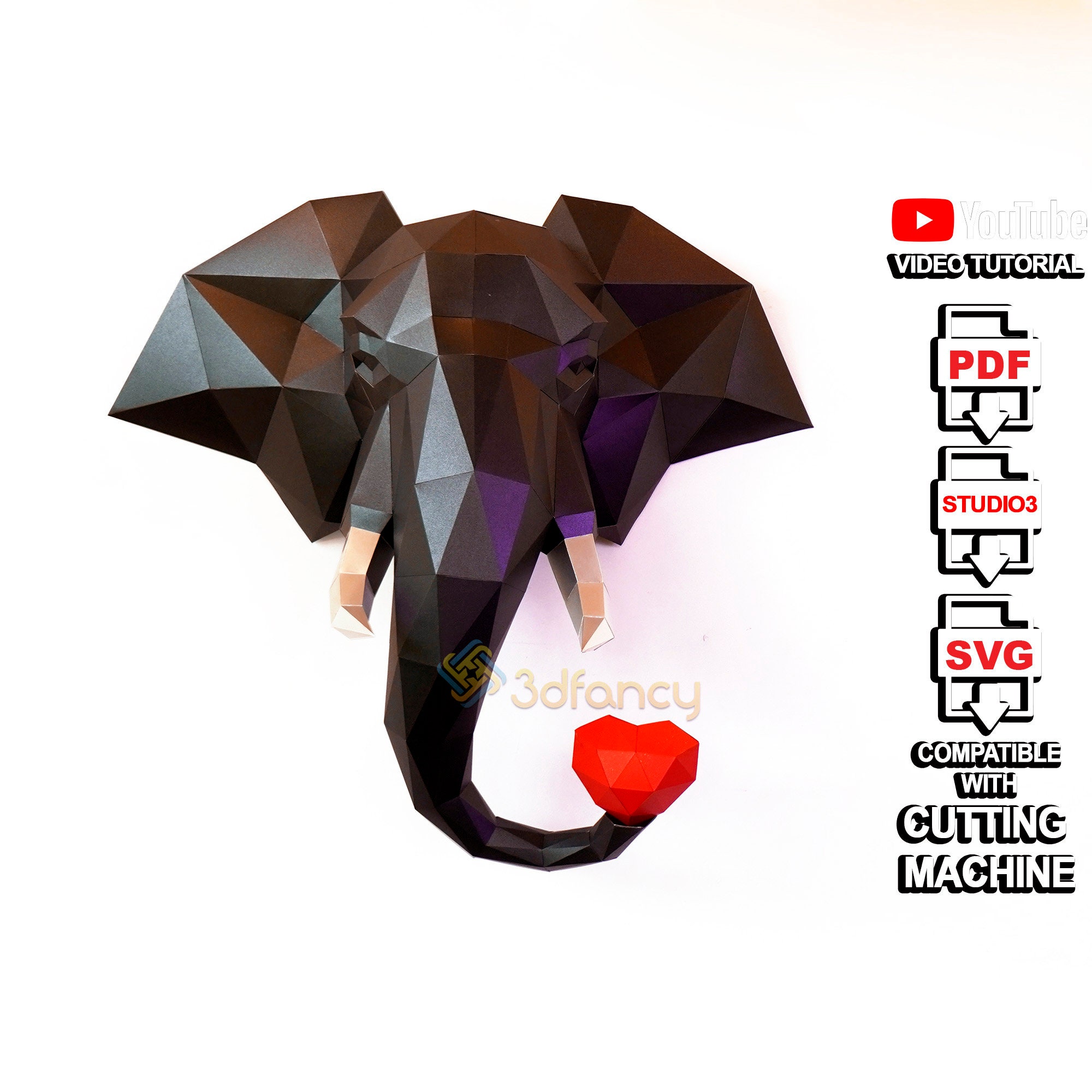 3D Elephant Papercraft 3D PDF for Printer, SVG for Cricut projects | Elephant Head Trophy Low Poly Sculpture Paper Model Elephant