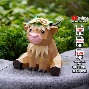 Vaca de las Highlands sentada en papel para manualidades PDF, SVG, plantilla de estudio - Manualidades de papel para hacer tú mismo: linda vaca de las Highlands - Escultura de vaca, modelo de papel de vaca de baja poli