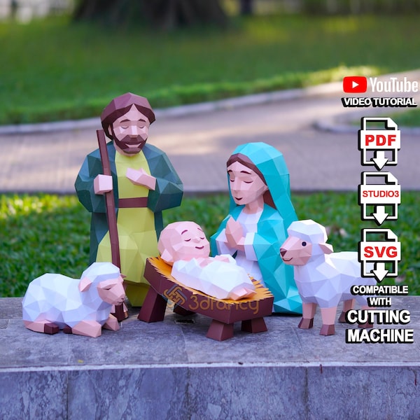 Nativity Scene Papercraft 3D SVG Bundle – Virgin Mary, Saint Joseph, Baby Jesus & Sheep | Christmas DIY Ornament | Svg PDF Studio Cut Files