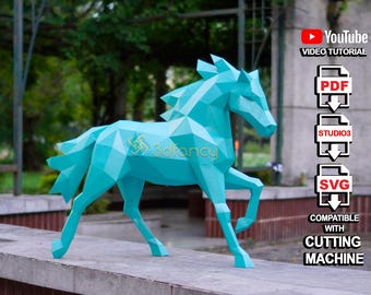 Low Poly Horse Papercraft Template – PDF SVG Studio Files – DIY Running Horse with Wind Mane for Home Decoration, Geometric Horse Sculpture