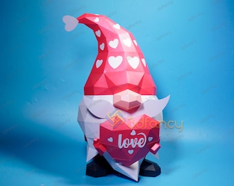 Valentines Gnome Papercraft PDF for Printer, SVG for Cricut Projects - DIY Low Poly Gnome Sculpture for Valentines Day vs Heart Paper Craft