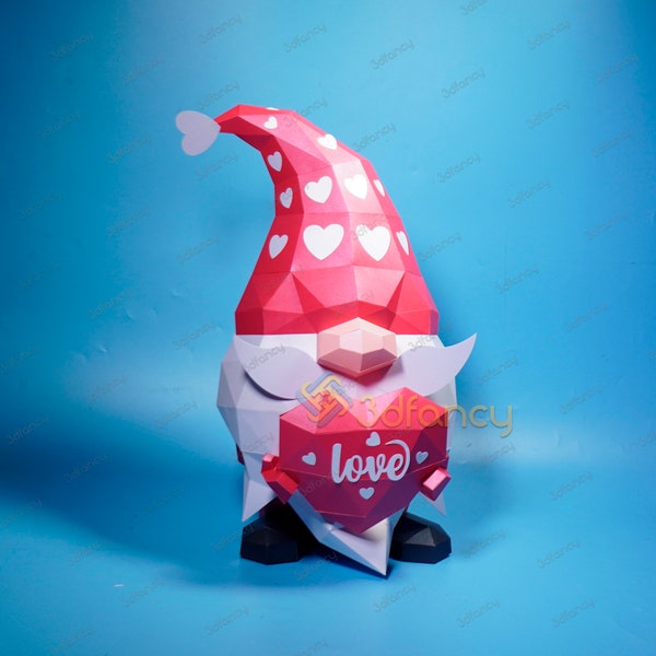 Valentines Gnome Papercraft PDF for Printer, SVG for Cricut Projects - DIY Low Poly Gnome Sculpture for Valentines Day vs Heart Paper Craft