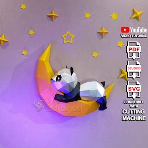 Papercraft Panda na lua PDF para impressão - SVG para projetos cricut, Studio3 para Cameo 4 - Low Poly Papercraft 3D Panda Decor