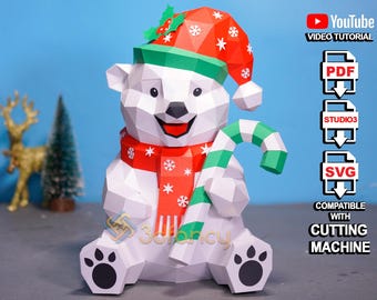 Christmas Polar Bear Papercraft Template | 3D Holiday Bear Decoration | DIY Paper Model Ornament | Cricut SVG | Printable PDF Files