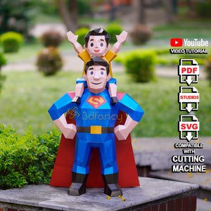 Plantilla de escultura 3D en formato SVG y PDF de Super Papá, modelo de papá héroe de baja poli para Cricut, regalo DIY para el Día del Padre, manualidad de papel para niños