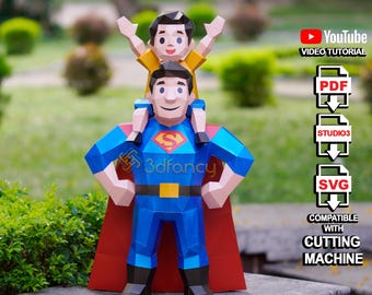Super Dad Papercraft SVG PDF – 3D Sculpture Template, Low Poly Hero Dad Model for Cricut, DIY Father&#39;s Day Gift, Paper Craft for Kids