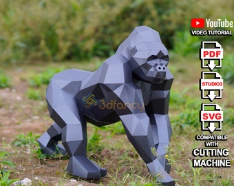 Gorilla Papercraft 3D PDF, SVG, Estudio para Cricut Project, Cameo4, Low Poly Gorilla 2024 Origami Animal Sculpture Model, Trophy, Paper Craft