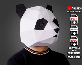 Panda Mask Papercraft PDF, SVG Template, Low poly mask, 3d paper mask, Paper mask template, Animal mask halloween, 3d halloween mask diy kit