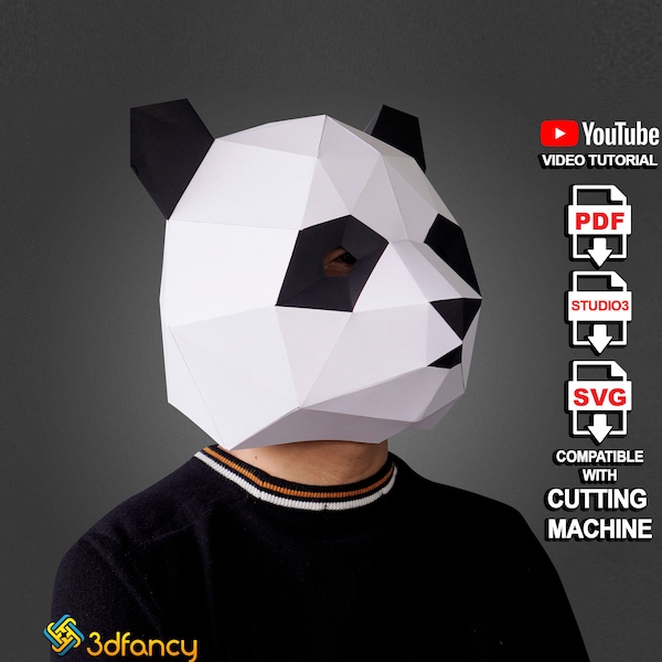 Panda Mask Papercraft PDF, SVG Template, Low poly mask, 3d paper mask template, Paper mask template, Animal mask halloween, 3d halloween mask diy kit