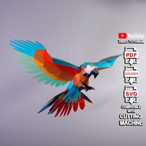Low poly Flying Parrot Papercraft PDF, SVG-sjabloon - 3D Macaw Origami, Parrot Paper Model Sculpture, 3D Flying Macaw For Home Decor