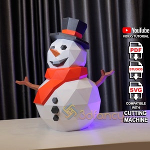 Papercraft 3D Bonhomme de neige PDF, Modèle SVG Bonhomme de neige de Noël pour décorations de Noël DIY, Modèle Origami Sculpture Low Poly Pattern Craft Noel