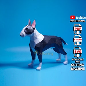 Papercraft Bullterrier Hund, 3D Papercraft PDF Template, SVG für Cricut Projekte, Cameo4, Low Poly Papercraft Tier DIY 3D Papierhund