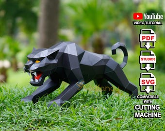 Angry Black Panther Papercraft SVG PDF Template – DIY 3D Low Poly Paper Sculpture for Cricut Projects, Cardstock Model, Home Decor or Gift