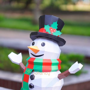 May include: A papercraft snowman with a black top hat adorned with holly and berries. It has a carrot nose, a red and green scarf, and outstretched arms. The snowman has a smiling face and black button details. The word "sofancy" is printed on the scarf.
