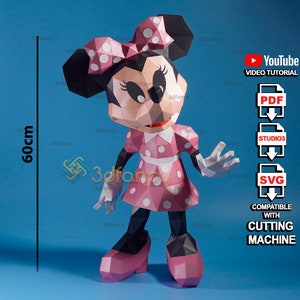 Papercraft Minnie Mouse PDF, SVG Template For DIY 3D Minnie Children's Room Decor, Diy gift for daughter, Low poly Minnie Mouse Paper Craft