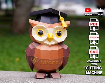 Graduation Owl Papercraft SVG & Studio, PDF Template – DIY Gift, 3D Cardstock Model for Cricut, Silhouette, Paper Sculpture