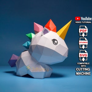 Einhorn Cute Papercraft PDF, SVG Template Kompatibel mit Cricut, Cameo 4 | Diy Geschenk für Tochter, Low poly Einhorn Diy Bastelset