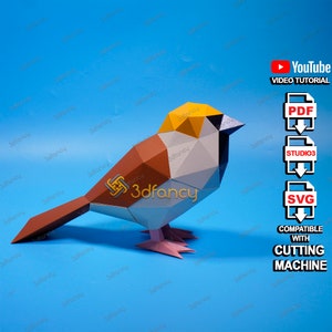 Papercraft Bird Sparrow PDF, Modello SVG per progetti Cricut, 3D Low Poly Sparrow, DIY Paper Craft Bird Origami