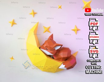 Fox Moon Papercraft PDF, szablon SVG do tworzenia 3D Fox z papieru, 3D Fox Moon Decor, wystrój nad łóżkiem, zestaw do rękodzieła DIY, Diy Low Poly Fox