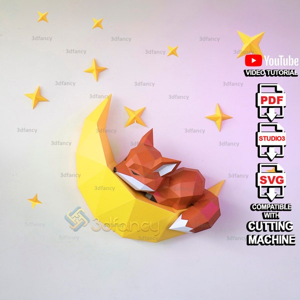 Fox Moon Papercraft PDF, modèle SVG pour créer un renard 3D à partir de papier, 3D Fox Moon Decor, décor au-dessus du lit, kit de bricolage, bricolage Low poly renard