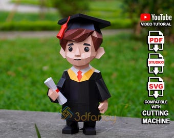 3D Boy Graduation Papercraft SVG PDF – DIY Gift Template for Cricut Silhouette Cameo and Printer, Male Graduate Paper Sculpture