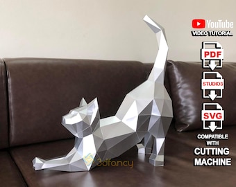 DIY Cat Stretching PaperCraft PDF, SVG Template for creating Low poly cat paper craft, Animals origami sculpture 3d svg files for cricut