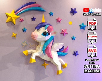 May include: A papercraft unicorn with a yellow horn, blue, pink, and white mane, and a shooting star with a yellow star. Surrounding the unicorn are various colorful stars. The image includes text that says "YouTube Video Tutorial", and "Compatible with Cutting Machine".