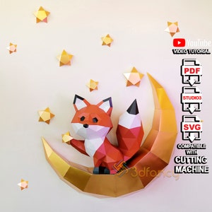 DIY Fox Moon 3D Papercraft SVG, PDF-sjabloon voor het maken van 3D Fox Pick Stars, Fox Moon Decor voor boven bed decor, Diy craft kit, Paper craft