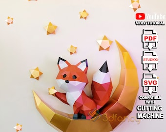 DIY Fox Moon 3D Papercraft SVG, PDF Template for creating 3D Fox Pick Stars, Fox Moon Decor for Above bed decor, Diy craft kit, Paper craft