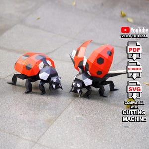 Set di 2 coccinelle 3D in carta SVG PDF – Modello di insetto fai da te a basso numero di poligoni per bambini, modello di coccinella volante per Cricut, Silhouette, regalo per la decorazione della stanza