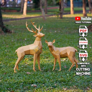 Papercraft paar herten pdf, SVG, studiosjabloon - DIY Papercraft-rendier voor kerstdecoratie - sculptuur herten, Lowpoly-papieren model