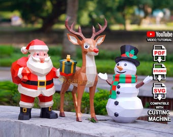 Pack 3 Christmas 3D Papercraft Templates – Santa Claus, Reindeer & Snowman 2025 | Low Poly DIY Paper Model Ornaments | SVG, PDF Stuido Files