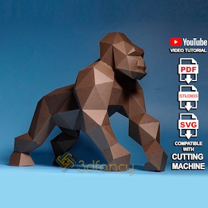 Gorilla King Kong Papercraft 3D PDF SVG file for Cricut, Cameo 4 Craft Projects, Low Poly Gorilla Origami Animal Sculpture Model Paper DIY