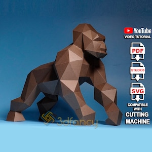 Gorilla King Kong Papercraft 3D PDF FILE SVG per Cricut, Cameo 4 Craft Projects, Low Poly Gorilla Origami Animal Sculpture Model Paper DIY