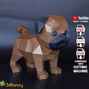 Mops Hund Papiermodell 3D PDF, SVG Vorlagen Silhouette für Low Poly Mops Modell, Mops Muster, Papiertiere, DIY Papiermodell Süßer Hund