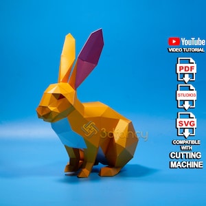 Low poly Lapin Papercraft PDF, modèle SVG pour la création 3D de lapin assis, fichier Svg de lapin 3D pour la décoration de Pâques, modèle en papier de lapin