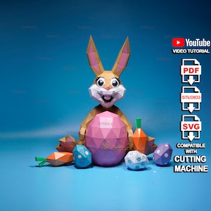 Low poly Rabbit Papercraft PDF, SVG Template Creating Rabbit Holding Easter Eggs Paper Craft - 3D SVG for Cricut Projects - 3d easter bunny