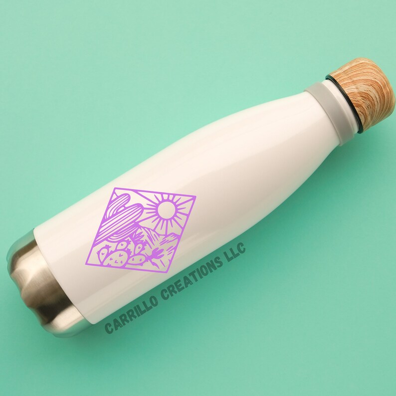 May include: White stainless steel water bottle with a purple cactus and sun design. The bottle has a wooden lid and the text "CARRILLO CREATIONS LLC" is printed on the side.