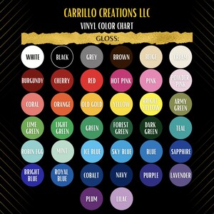 May include: A vinyl color chart with a variety of colors, including white, black, grey, brown, beige, cream, burgundy, cherry, red, hot pink, pink, powder pink, coral, orange, old gold, yellow, bright yellow, army green, lime green, light green, green, forest green, dark green, teal, robin egg, mint, ice blue, sky blue, blue, sapphire, bright blue, royal blue, cobalt, navy, purple, lavender, plum, and lilac.