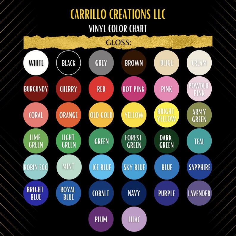 May include: A vinyl color chart with a variety of colors, including white, black, grey, brown, beige, cream, burgundy, cherry, red, hot pink, pink, powder pink, coral, orange, old gold, yellow, bright yellow, army green, lime green, light green, green, forest green, dark green, teal, robin egg, mint, ice blue, sky blue, blue, sapphire, bright blue, royal blue, cobalt, navy, purple, lavender, plum, and lilac.
