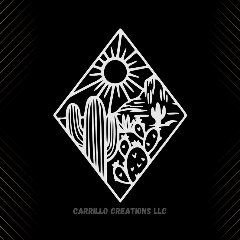May include: A black and white illustration of a desert landscape with a sun, cacti, and mountains. The illustration is inside a diamond shape.