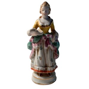1940s Made in Occupied Japan 6.25&quot; Glazed Porcelain Victorian Woman Holding a Book Figurine