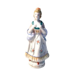 1940s Made in Occupied Japan 6.25&quot; Glazed Porcelain Victorian Woman in an Orange Hat Figurine